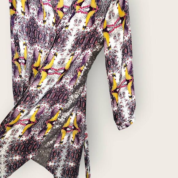 Chelsea & Violet Dress Sz XS Multicolored Peacock Silky Red Brown Side Sequins - Picture 8 of 13